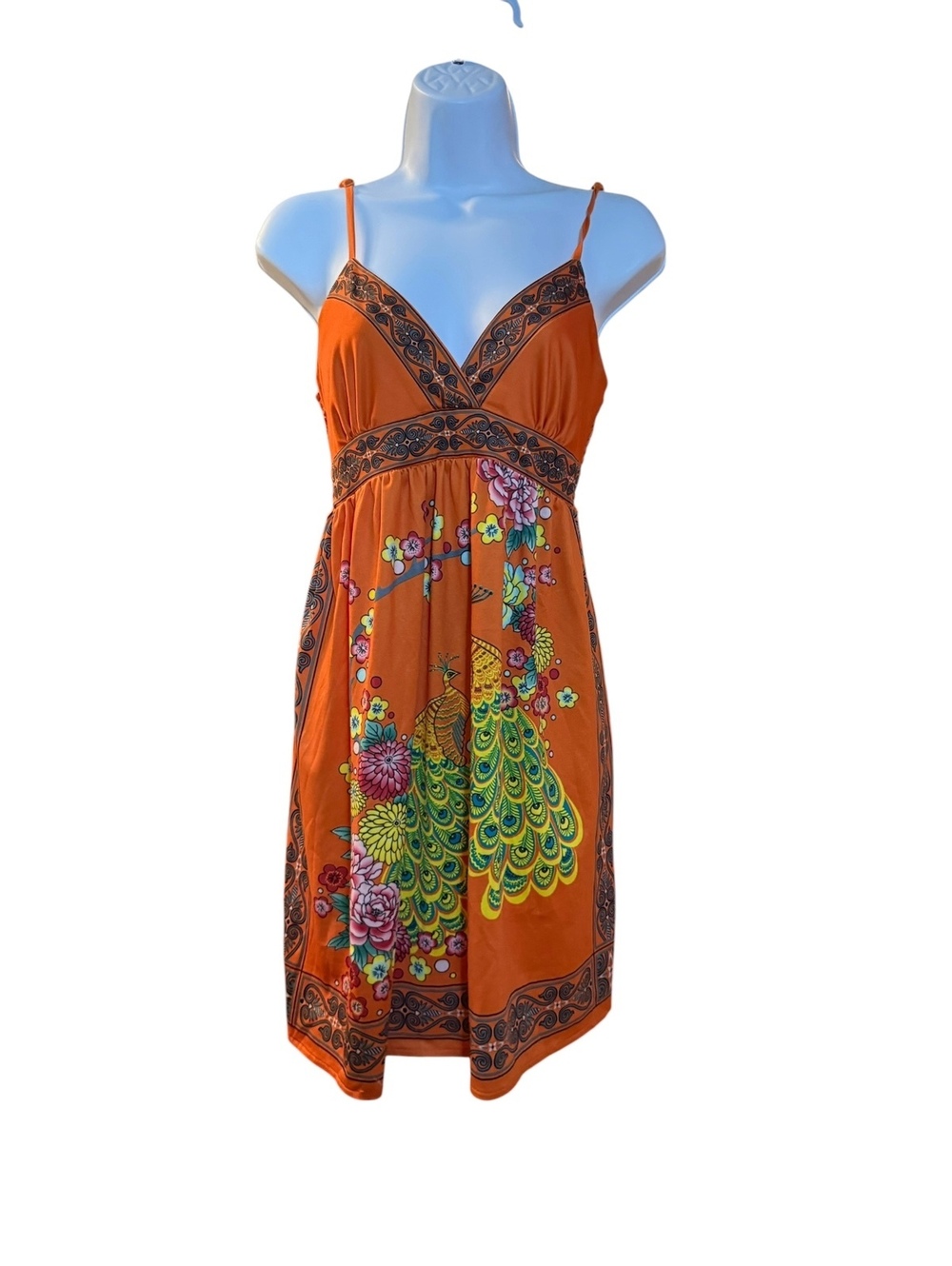 Flying Tomato Orange Floral Peacock Print Summer Dress